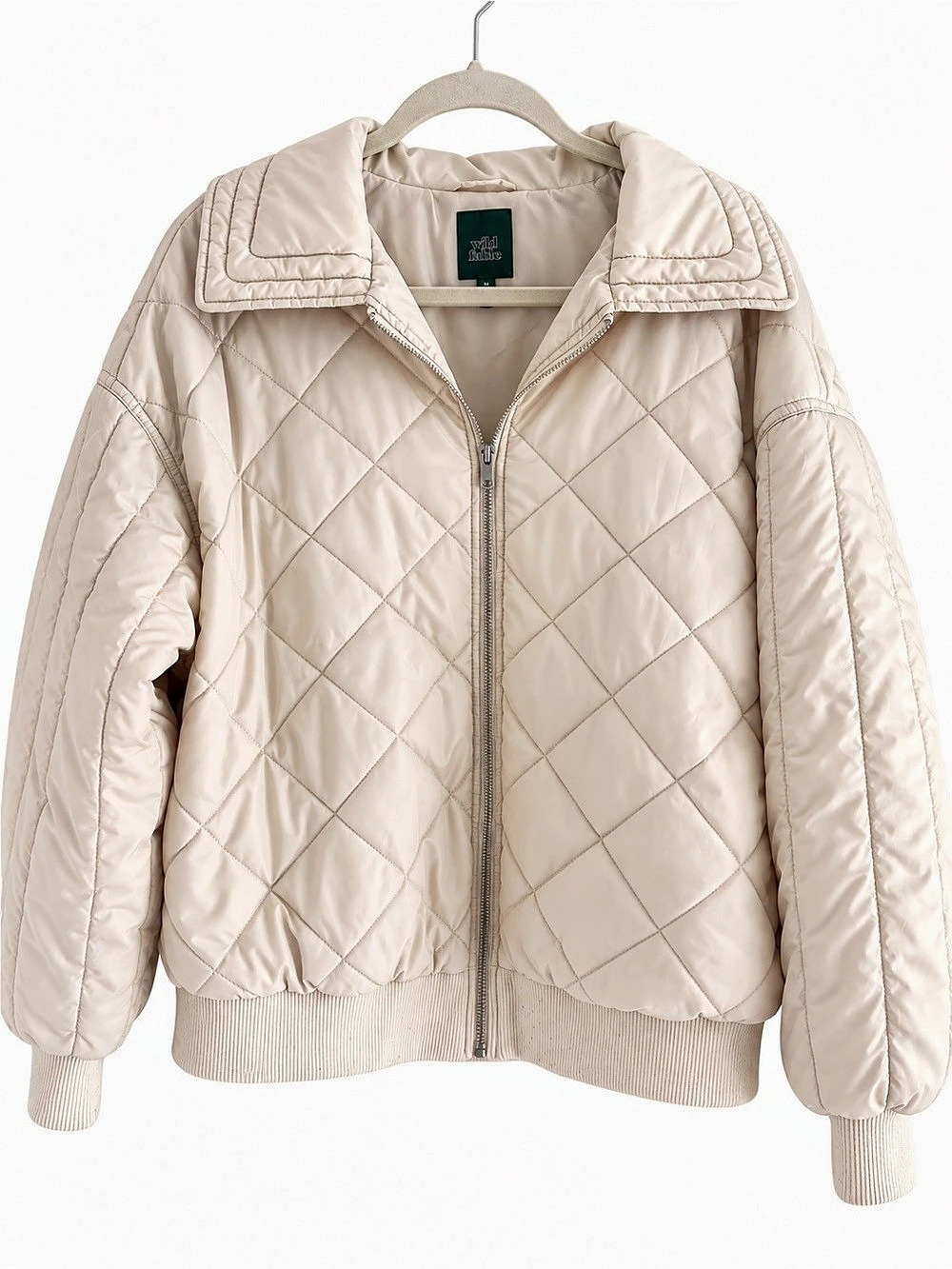 Wild Fable Cream Quilted Puffer Bomber Jacket Size S Oversized Collar